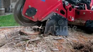 红色<strong>机器</strong>，它可以去除树桩磨碎，因为它在<strong>缓慢</strong>运动中取得进展